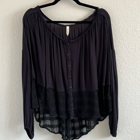 Free People Oversized Sheer Window Pane High Low Gauzy Boho Top - Picture 2 of 6